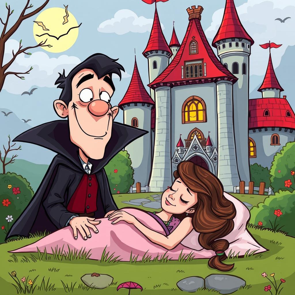 A whimsical medieval cartoon scene featuring a comical vampire observing a sleeping pretty lady in front of a charming castle