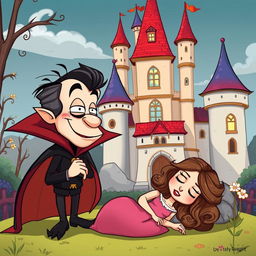 A whimsical medieval cartoon scene featuring a comical vampire observing a sleeping pretty lady in front of a charming castle