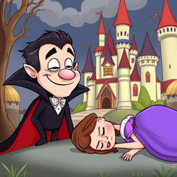 A whimsical medieval cartoon scene featuring a comical vampire observing a sleeping pretty lady in front of a charming castle