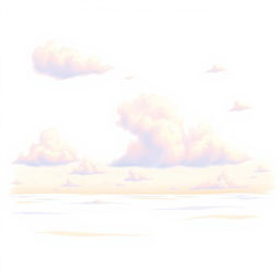 A vibrant sky in a stylized drawing, showcasing fluffy clouds drifting across a wide expanse with gentle pastel hues of blue, pink, and orange