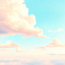 A vibrant sky in a stylized drawing, showcasing fluffy clouds drifting across a wide expanse with gentle pastel hues of blue, pink, and orange