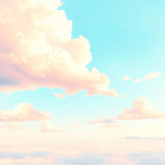 A vibrant sky in a stylized drawing, showcasing fluffy clouds drifting across a wide expanse with gentle pastel hues of blue, pink, and orange