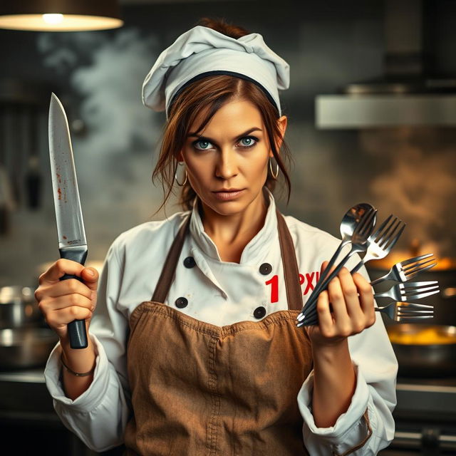 A 47-year-old female cook with a fierce and determined expression, exuding a rebellious and confident attitude