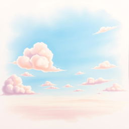 A vibrant sky in a stylized drawing, showcasing fluffy clouds drifting across a wide expanse with gentle pastel hues of blue, pink, and orange