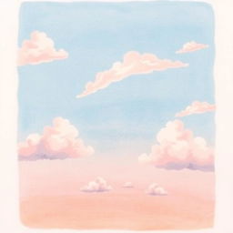 A vibrant sky in a stylized drawing, showcasing fluffy clouds drifting across a wide expanse with gentle pastel hues of blue, pink, and orange