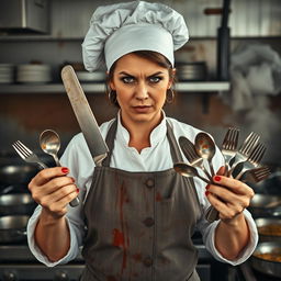 A 47-year-old female cook with a fierce and determined expression, exuding a rebellious and confident attitude