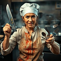 A 47-year-old female cook with a fierce and determined expression, exuding a rebellious and confident attitude