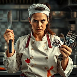 A 47-year-old female cook with a fierce and determined expression, exuding a rebellious and confident attitude