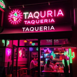 A small taqueria restaurant with a vibrant black and pink neon styling