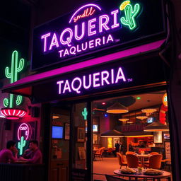 A small taqueria restaurant with a vibrant black and pink neon styling