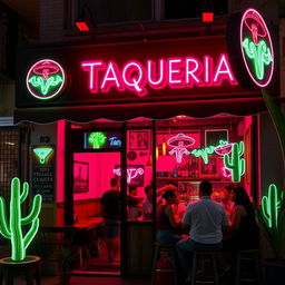 A small taqueria restaurant with a vibrant black and pink neon styling