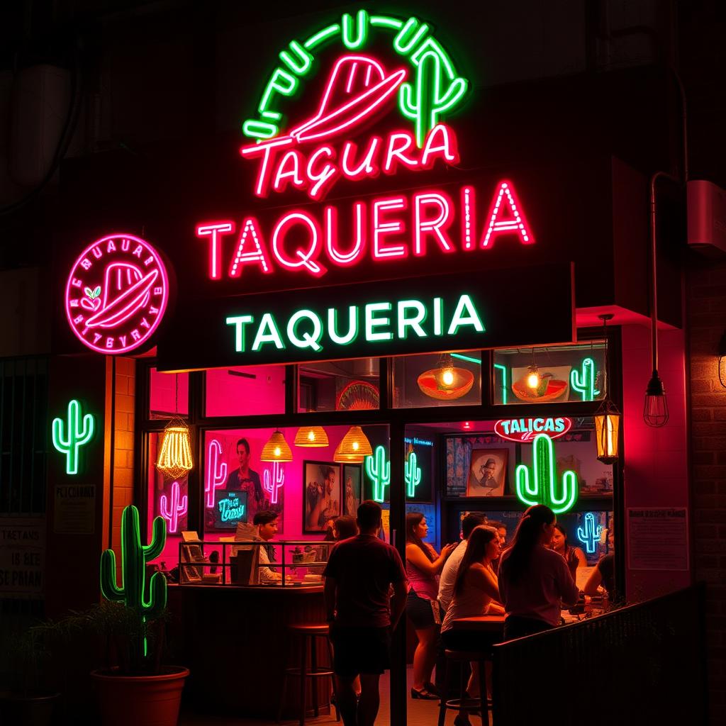 A small taqueria restaurant with a vibrant black and pink neon styling