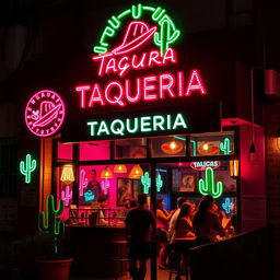 A small taqueria restaurant with a vibrant black and pink neon styling