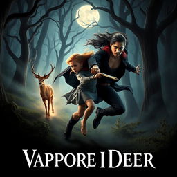 A dynamic movie poster featuring a fast, charismatic vampire alongside a courageous human girl, both in pursuit of a mystical deer in a shadowy forest