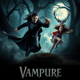 A dynamic movie poster featuring a fast, charismatic vampire alongside a courageous human girl, both in pursuit of a mystical deer in a shadowy forest