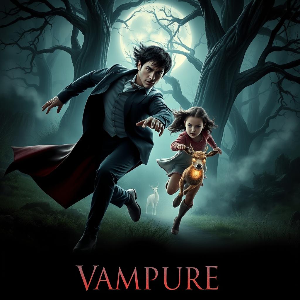 A dynamic movie poster featuring a fast, charismatic vampire alongside a courageous human girl, both in pursuit of a mystical deer in a shadowy forest