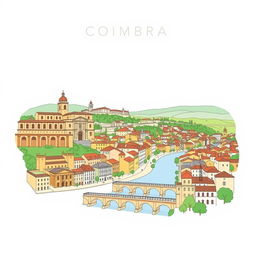 A stylized drawing of the city of Coimbra, Portugal, showcasing its historic architecture and charming landscapes