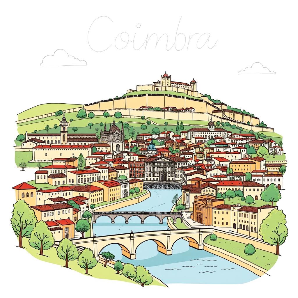 A stylized drawing of the city of Coimbra, Portugal, showcasing its historic architecture and charming landscapes