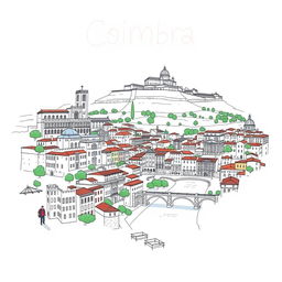 A stylized drawing of the city of Coimbra, Portugal, showcasing its historic architecture and charming landscapes