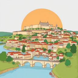 A stylized drawing of the city of Coimbra, Portugal, showcasing its historic architecture and charming landscapes