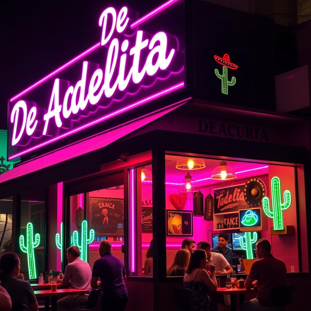 A small taqueria restaurant named "De Adelita" with a vibrant black and pink neon styling