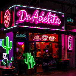 A small taqueria restaurant named "De Adelita" with a vibrant black and pink neon styling