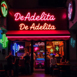 A small taqueria restaurant named "De Adelita" with a vibrant black and pink neon styling