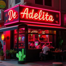 A small taqueria restaurant named "De Adelita" with a vibrant black and pink neon styling