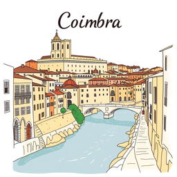 A stylized drawing of the city of Coimbra, Portugal, highlighting its historic charm and distinctive architecture