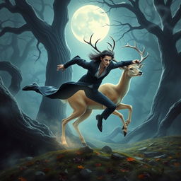 A dynamic and enchanting scene featuring a fast and alluring vampire in a sleek, elegant attire, skillfully pursuing a mystical deer in a moonlit forest