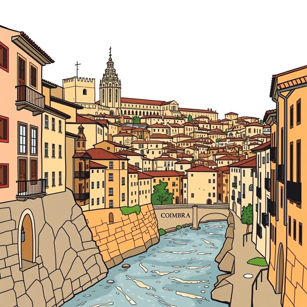 A stylized drawing of the city of Coimbra, Portugal, highlighting its historic charm and distinctive architecture