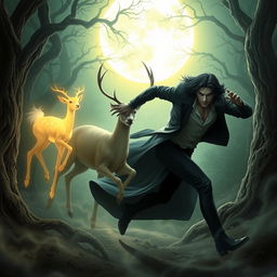 A dynamic and enchanting scene featuring a fast and alluring vampire in a sleek, elegant attire, skillfully pursuing a mystical deer in a moonlit forest