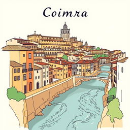 A stylized drawing of the city of Coimbra, Portugal, highlighting its historic charm and distinctive architecture