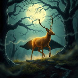 A dynamic and enchanting scene featuring a fast and alluring vampire in a sleek, elegant attire, skillfully pursuing a mystical deer in a moonlit forest