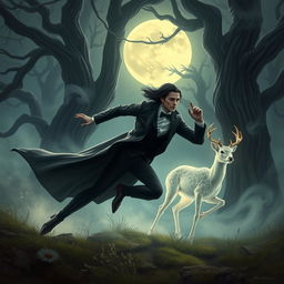 A dynamic and enchanting scene featuring a fast and alluring vampire in a sleek, elegant attire, skillfully pursuing a mystical deer in a moonlit forest