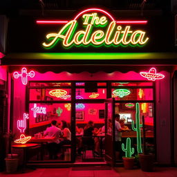 A small taqueria restaurant named "The Adelita" with a vibrant black and pink neon styling