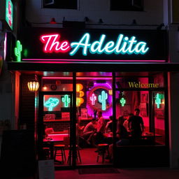 A small taqueria restaurant named "The Adelita" with a vibrant black and pink neon styling