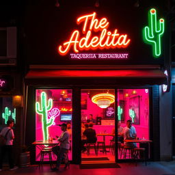 A small taqueria restaurant named "The Adelita" with a vibrant black and pink neon styling