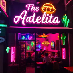 A small taqueria restaurant named "The Adelita" with a vibrant black and pink neon styling