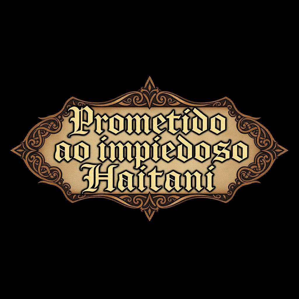 Create a medieval-modern title with calligraphy that reads "Prometido ao impiedoso Haitani"