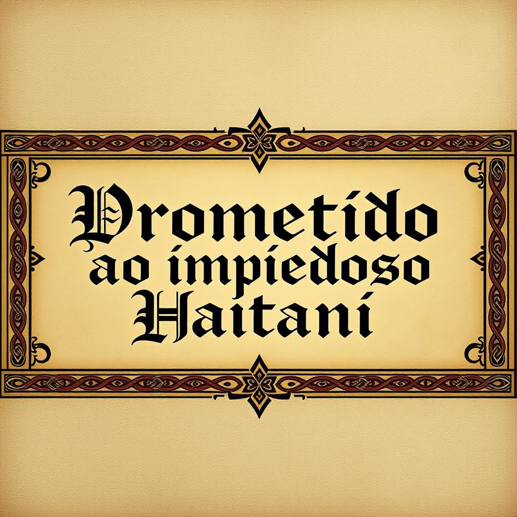 Create a medieval-modern title with calligraphy that reads "Prometido ao impiedoso Haitani"