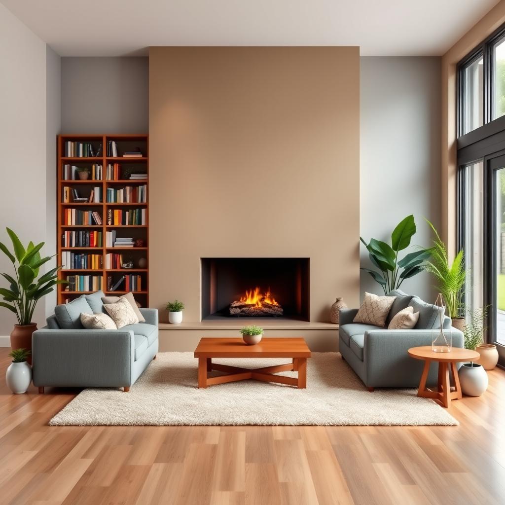 An inviting and warm living room with a large fireplace as the centerpiece