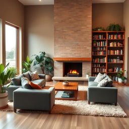 An inviting and warm living room with a large fireplace as the centerpiece