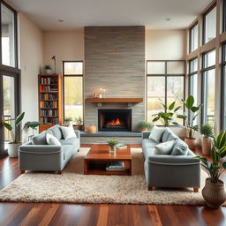 An inviting and warm living room with a large fireplace as the centerpiece