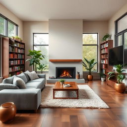 An inviting and warm living room with a large fireplace as the centerpiece