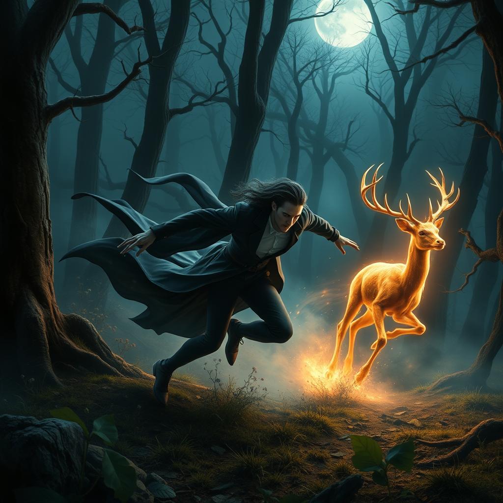 A dynamic and mystical scene featuring a fast, alluring vampire with glowing skin, dashing through a moonlit forest in pursuit of a magical deer