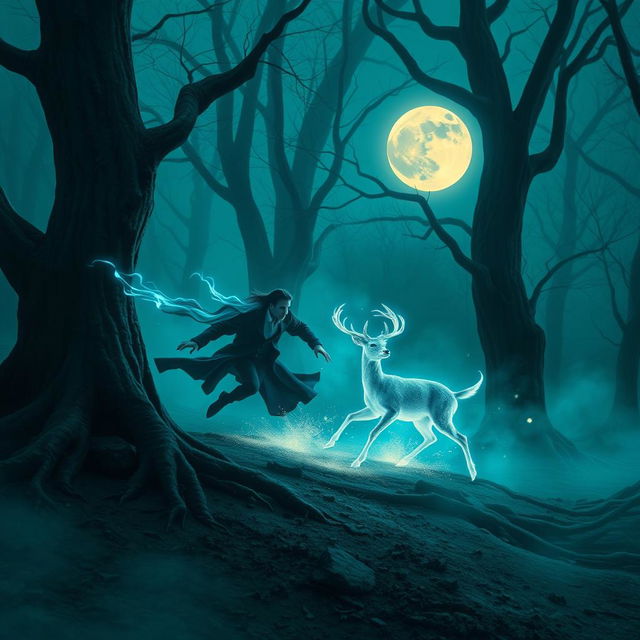 A dynamic and mystical scene featuring a fast, alluring vampire with glowing skin, dashing through a moonlit forest in pursuit of a magical deer