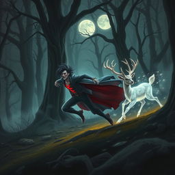 A dynamic and mystical scene featuring a fast, alluring vampire with glowing skin, dashing through a moonlit forest in pursuit of a magical deer