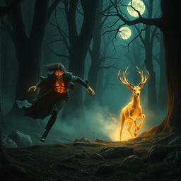 A dynamic and mystical scene featuring a fast, alluring vampire with glowing skin, dashing through a moonlit forest in pursuit of a magical deer