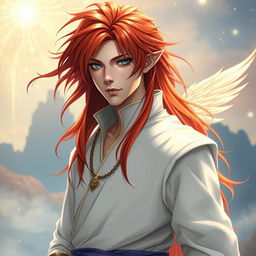 A captivating character inspired by Ichigo Kurosaki, envisioned with long, flowing red hair instead of his iconic orange